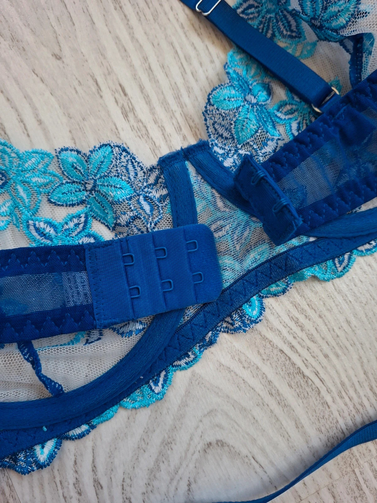 💙 Conjunto de lencería para mujer de 3 piezas azul con flores/transparente/blanco – Talla L – NUEVO – photo 7